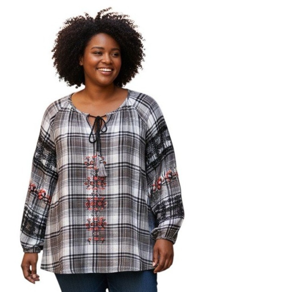 Tolani Womens Top Sz XL Black Plaid Embroidered Peasant Blouse Flannel Boho Art